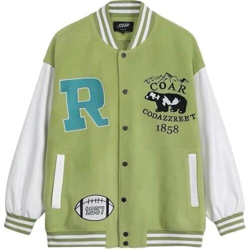Green Bear Embroidery Baseball Uniform Autumn Winter New Loose Stitching All-match Jacket for Men and Women Couples Hip-hop Coat