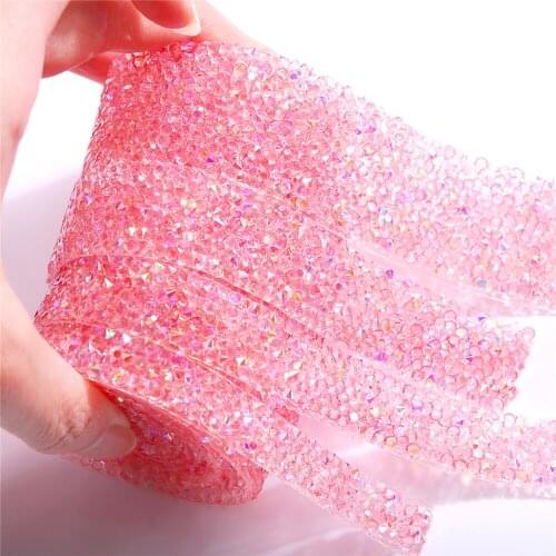 3 Yard 10mm Glitter Acrylic Rhinestone Chain Tape Trim Pink Clear AB Crystal Decoration Hot Fix DIY Stickers