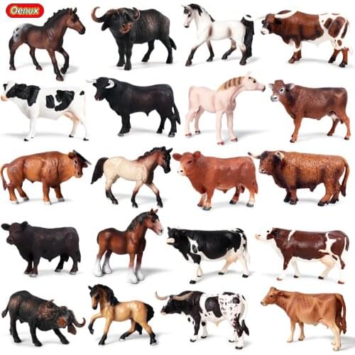 Oenux Classic Farm Animals Action Figures Poultry Big Cattle Bull OX Milk Cow Horse Figurine Pvc Cute Model Educational Kids Toy