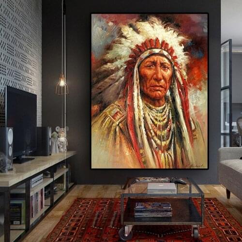 Native Indian Feather Portrait Oil Painting on Canvas Cuadros Posters and Prints Scandinavian Wall Art Picture for Living Room