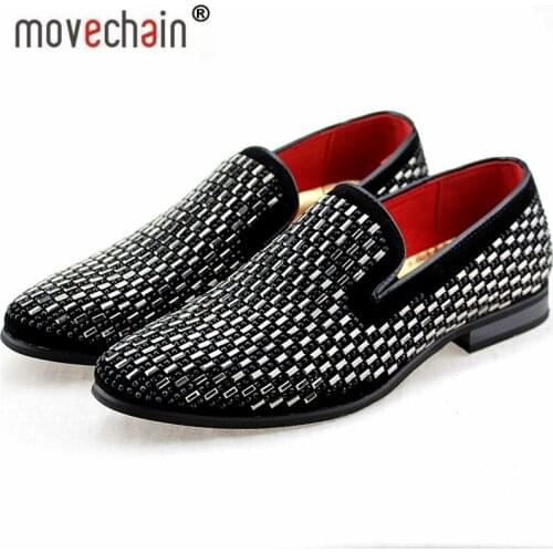 Movechain Fashion Man Rhinestone Loafers Mens Slip-on Genuine Leather Driving Party Flats Mens Moccasins Oxfords Casual Shoes