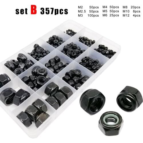 Total 162/357pc M2 M2.5 M3 M4 M5 M6 M8 M10 M12 Black Steel Hexagon Nylon Insert Lock Nut Set Hex Self Locking Nut Assortment Kit