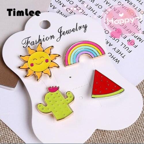 Timlee X332 New Cartoon Cute Sun Rainbow Watermelon Cactus Metal Brooch Pins Set Fashion Gift Wholesale