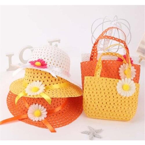 New Summer Children Beach Hats Set Wide Brim Sun Flower Straw Wide Hat 3-7 old years Childrens Holiday Travel Pink Beach Bags