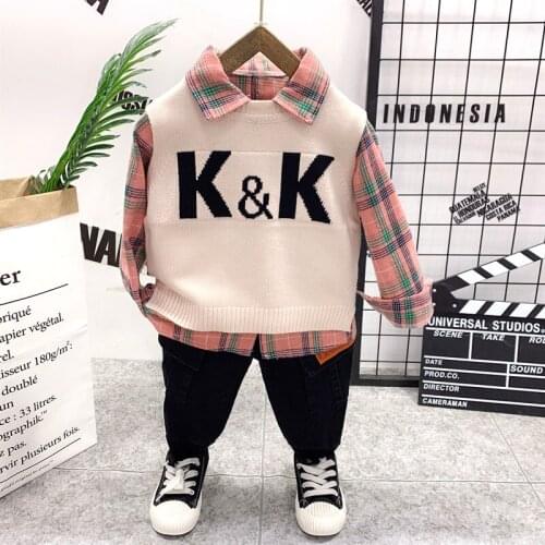 Baby boys clothes cotton boys suit boys Letter printing Knit vest, shirt and jeans 3pcs boys set Autumn Winter boys Clothes Set