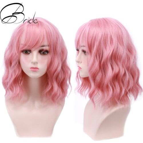 BRIDE Cosplay Wig With Neat Bangs Synthetic Pink Wig Hair Extensions Short Water Wave Wigs False Hair For Women Daily Party