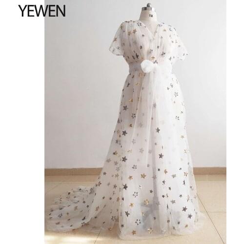 Ivory Sparkle Stars Maternity Robe V Neck Short Sleeve Sparkle Photo Shoot Dress Short Train Maternity Dress YEWEN