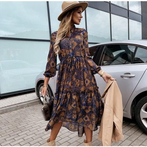Summer V-neck Woman Dress Fashion Casual Floral Print Long Sleeve Button Lace Up Elegant Beach Midi Dresses For Women Robe Femme