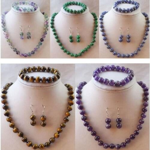 Free Shipping stunning 10 mm variety of gemstone necklace bracelet earrings suit 18"7.5"