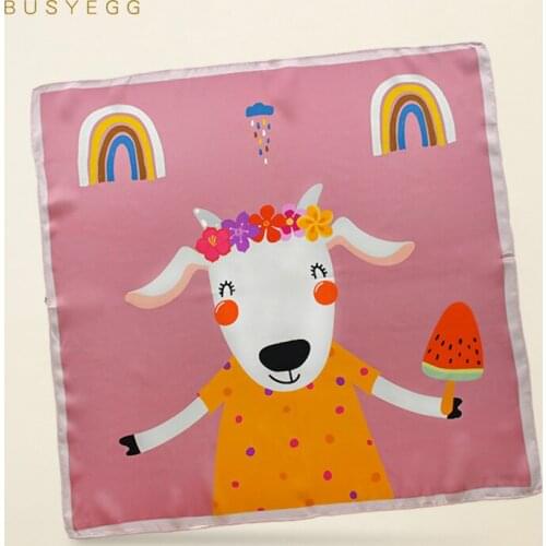 Pink cute sheep kids silk scarf fashion bandana children 50 foulard small square headband wrap gift women scarves for lady girl