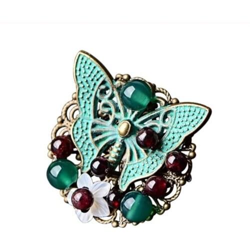 Antique Copper Plated Butterfly with Green Agates and Garnet Stone Beads Resizable Finger Ring Vintage Jewelry