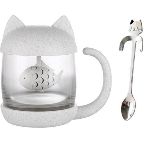 Super Cute Animal Boroslicate Glass Tea Mug with Coffee Scoop Infuser Lid - Cat &Fish / Love &Monkey Portable Tea Infuser Cup