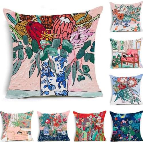 Warm Cushion Cover Nordic Ins Style Literary Retro Watercolor Pillow Cushion Office Nap Car Sofa Bedroom Pillow Case Home Decor