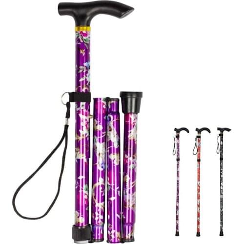 Lightweight Foldable Walking Sticks For Elderly Women Men Telescopic 93cm Adjustable Folding Floral Metal Cane Climbing Hiking