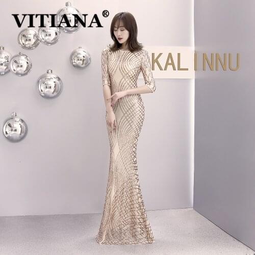 VITIANA Women Black Sexy Sequined Party Long Dress Female Black Host Elegant Banquet Dresses Femme Trumpet Noble Vestidos