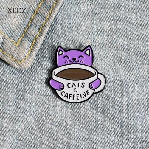 XEDZ Cute cartoon purple cat coffee cup cat feces coffee enamel pin romantic men and women metal badge punk clothes lapel brooch