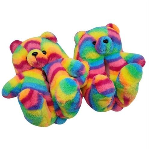 Womens Cute Teddy Bear Home Slippers Winter Cartoon Furry Sliders Indoor One Size Plush Warm Slides House Floor Ladies Slippers