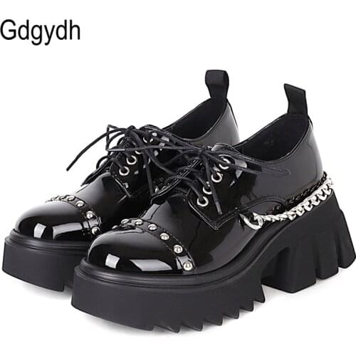 Gdgydh Punk Style Platform Shoes Women Sexy Metal Chain Rivet Patent Leather Girls Goth Shoes Chunky Heel Handmade Plus Size 43