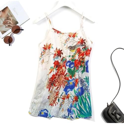 Womens 100% Mulberry Silk habotai Silk Birds Floral Print Spaghetti Strap Camisole Top Vest Sleepwear JN623
