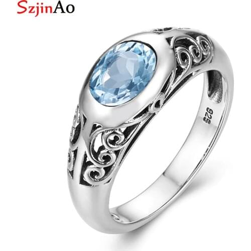 SzjinAo Blue Topaz Gemstone Finger Rings for Women March Birthstone Solid 925 Sterling Silver Ring Unique Luxury Fine Jewelry