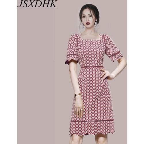 Elegant Women Square Collar Red Dress New Korean Summer Flare Sleeve Flower Embroidery Lace Hollow Out Splicing A Line Dresses