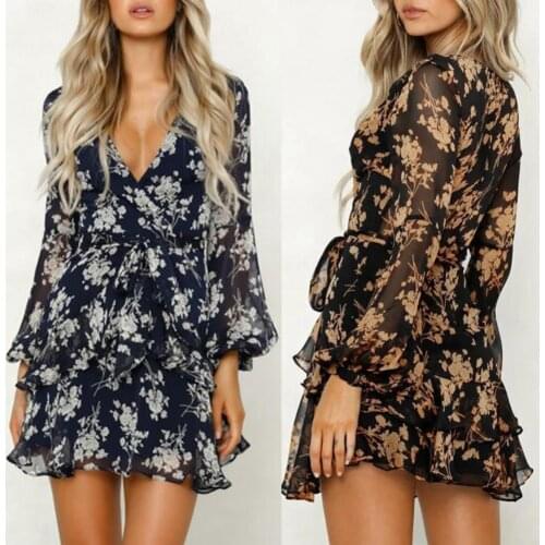 Women Long Sleeve Boho Mini Dress Sexy Deep V-neck Belt Ruffle Hem A-Line Floral Print Summer Beach Evening Party Club Sundress