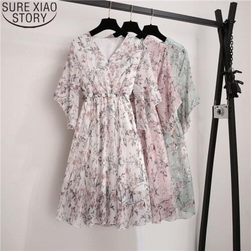 Women Pink Chiffon Dress Sweet 2021 Spring Summer A-line Print V-Neck Half Ruffles Sleeve Casual Knee-length Dresses 9436 50