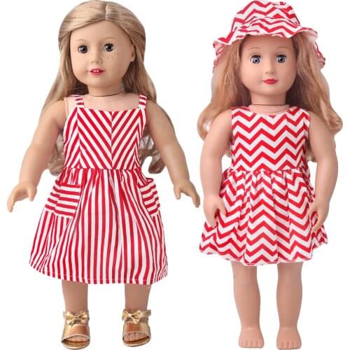 18 Inch American Doll Girls Clothes Summer Red Stripe Holiday Style Dress + Hat Born Baby Toys Accessories 43 Cm Boy Dolls c956