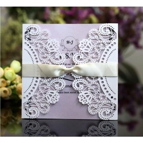 50pcs Square White Laser Cut Wedding Invitations Hollow Lace Invites Wedding & Engagement Cards