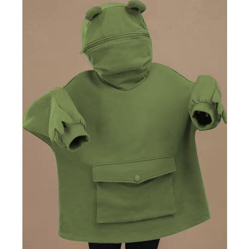 Velvet Sweatshirt Women Hoodies Sweet Japan Top Creative Stitching Three-dimensional Cute Frogs Pullover Pocket Hoodies