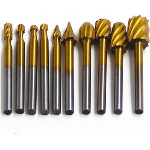 BINOAX 6/10pcs Titanium Dremel Routing Wood Rotary Milling Rotary File Cutter Woodworking Carving Carved Knife Cutter Tools