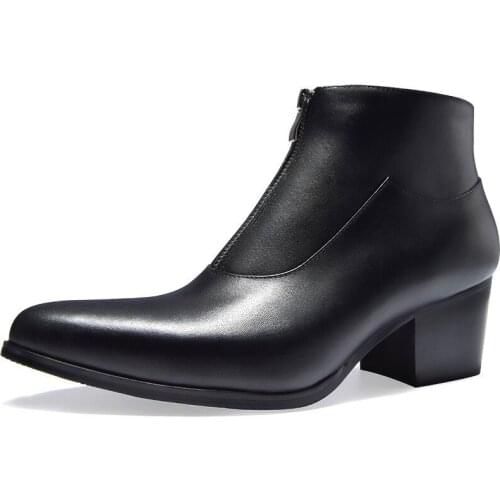 Fashion Genuine Leather Increasing 6cm High Heels Mens Handmade Outdoor Ankle Boots Pointed Toe Zip High-Top Man Cowboy Shoes