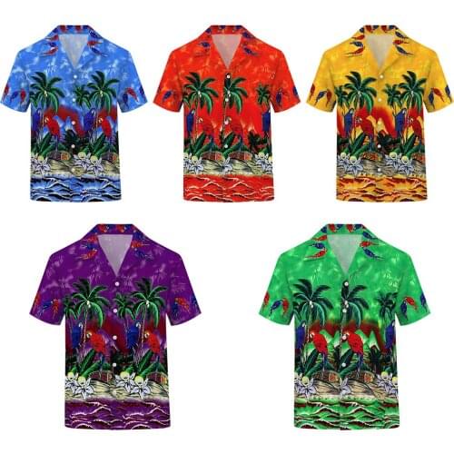 Mens Hawaiian Beach Shirt Floral Bird Print Shirts Tops Casual Short Sleeve Summer Holiday Vacation Fashion Plus size