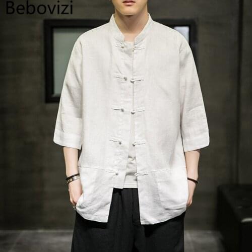 Hanfu Men White Loose Cotton Linen Han Fu Tops Clothing Summer Chinese Traditional Style Orient Tang Stand Collar Pan Gu Button