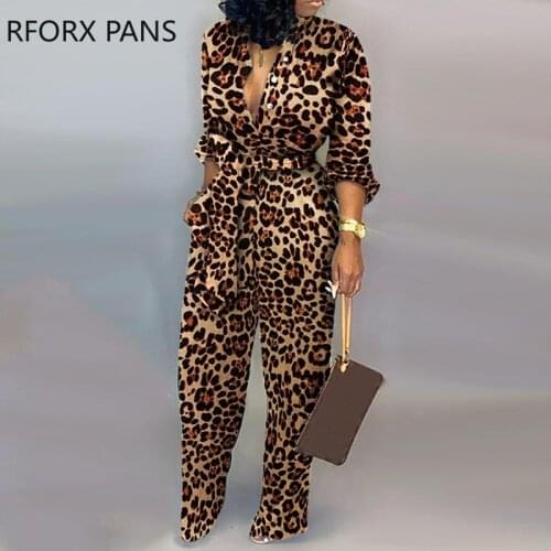 Leopard Tied Waist Long Sleeve Jumpsuit Women Jumpsuit