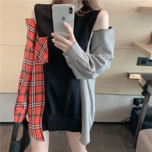 Fashion Women Sweatshirts Harajuku Pullovers Women Plaid Tops Hollow Out Shoulder Sweatshirts