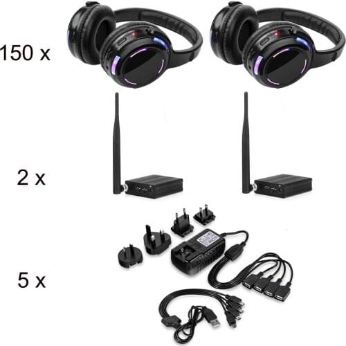 Over Ear LED Silent Disco 150pcs Headphones with 2 Transmitters + 3 channels