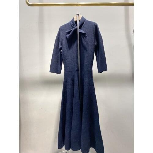 New ladies fashion 2021 mid-sleeve bow tie collar leather belt dress 0119