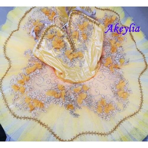 Paquita Classical pancake tutu Gold Women Ballet Stage Costume platter tutu Girls Yellow Professional Ballet Tutu for Kids