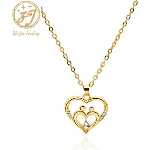 Zhijia simple double heart mom love daughter son crystal pendant necklace for women mothers day gifts