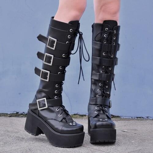 Japanese Harajuku Punk Gothic Cosplay Boots Thick Platform Buckle Straps Lace Up High Boots