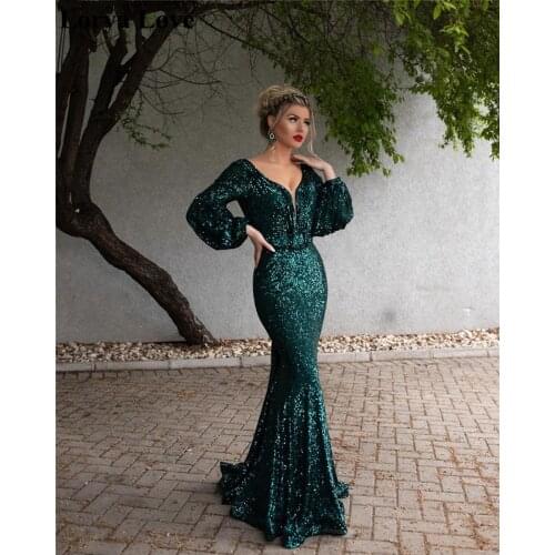 Green Elegant Evening Dresses 2020 Sequin Robe De Soiree Women Formal Party Night Prom Gowns Mermaid Long Sleeves Evening Gowns