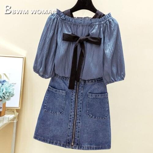 2019 Summer New Women Sets Bowknot Blouse and Jeans Skirt Female Sets