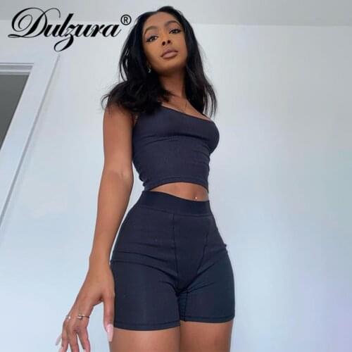 Dulzura Ribbed Knitted Women 2 Pieces Crop Top Tanks Biker Shorts Set Patchwork Tracksuit Streetwear Sporty 2021 Summer Outfit