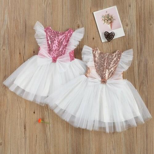 2021 0-6Y Sweet Toddler Baby Girls Dress Sequins Patch Mesh Fly Sleeve Bow Tulle Tutu Princess Dress For Birthday Party