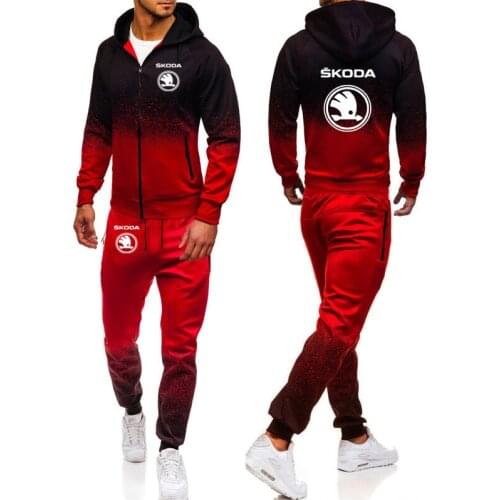 2021 Hoodies Men Skoda Car Logo Print Casual Harajuku Gradient color Hooded Fleece zipper Jacket Sweatshirt Sweatpants Suit