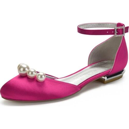 2020 Satin Pearls Wedding Flats Round Toe Ankle Buckle Strap Formal Evening Wedding Party Dress Shoes Flat