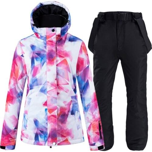 -30°C Colorful Snow Suit Womens Snowboard Clothing sets Winter Waterproof Thicken Costumes Outdoor Ski Jacket + Snow bibs Pants
