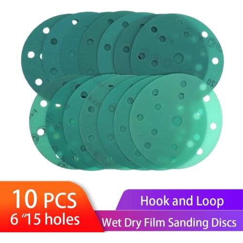 6 Inch Sanding Discs 15 Holes Wet Dry Film-Backed Green Line Hook and Loop Dustless for Woodworking or Automotive