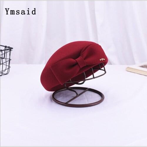 Winter 100% Wool Felt French Berets For Women Fashion Artist Boina Bow Hat Vintage Black Fedora Gorras Elegant Stewardess Hat